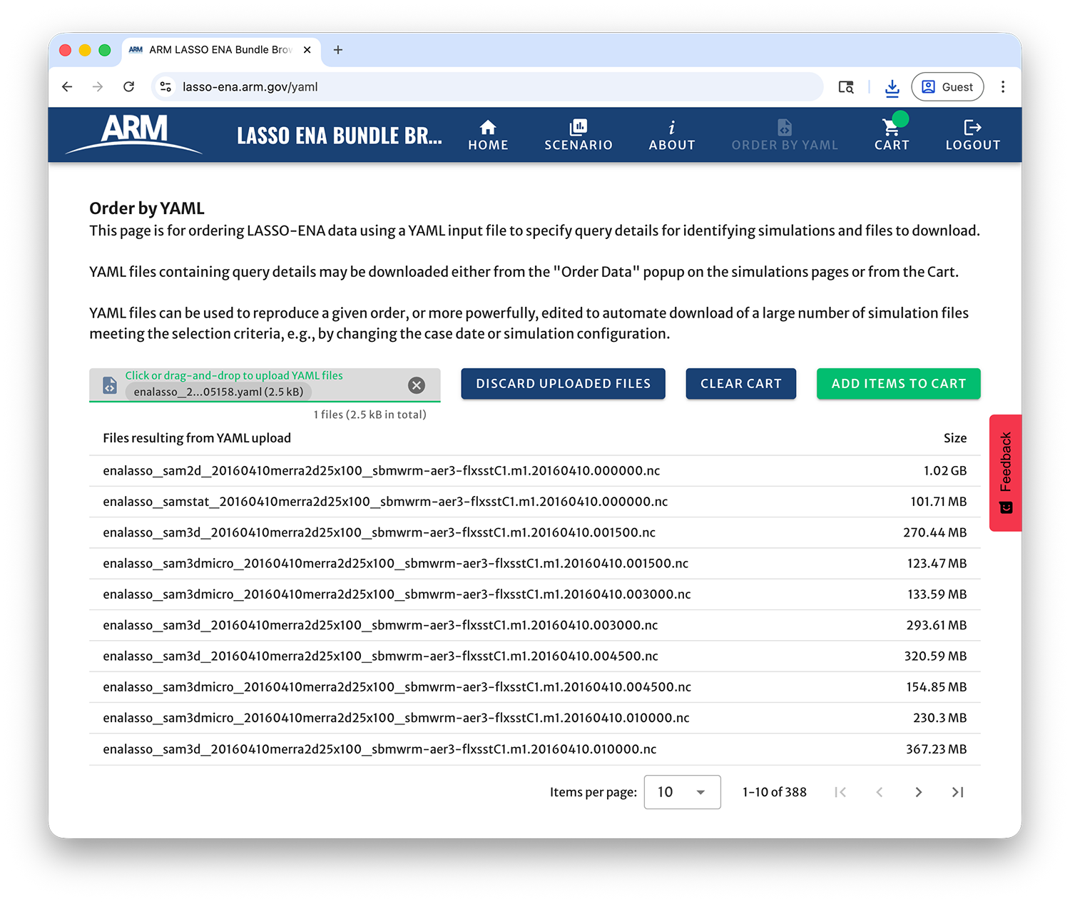The Order by YAML webpage with staged files from an uploaded YAML file.