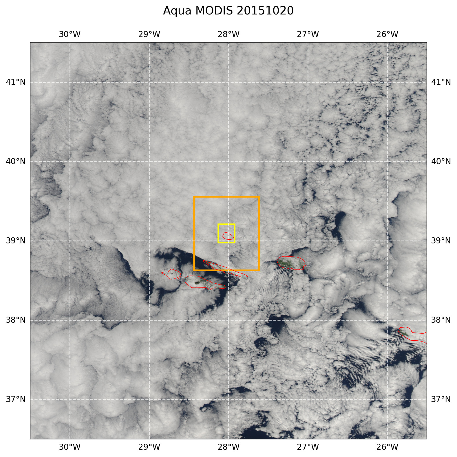 MODIS AQUA Satellite true color image showing LES model domain boundaries in relation to the ENA main site location and the scene associated with the 5 degree model forcing domain